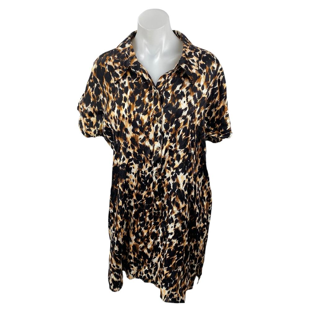 St. John Brown Silk Animal Print Collar Short Sleeve Mini Sheath Shirt Dress 10